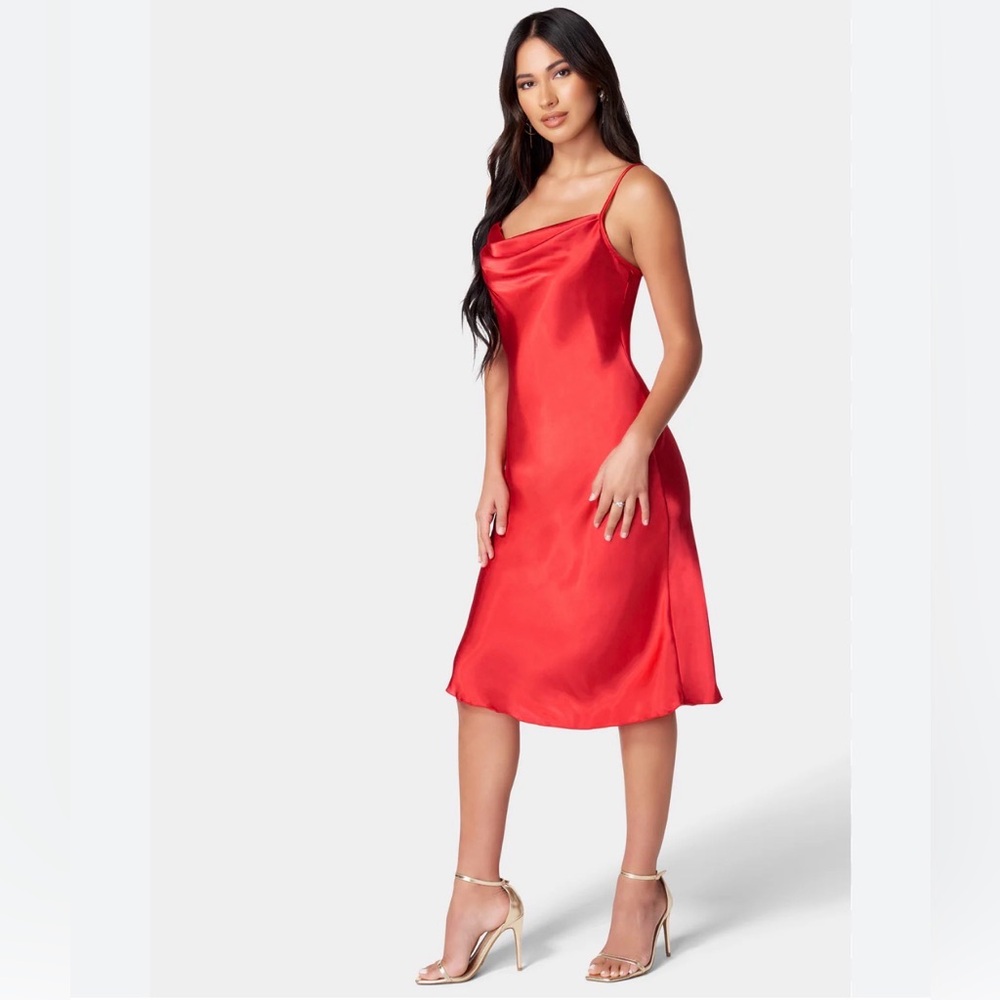 Bebe Red Satin Cowl Neck Sleeveless Midi Dress - Size S
